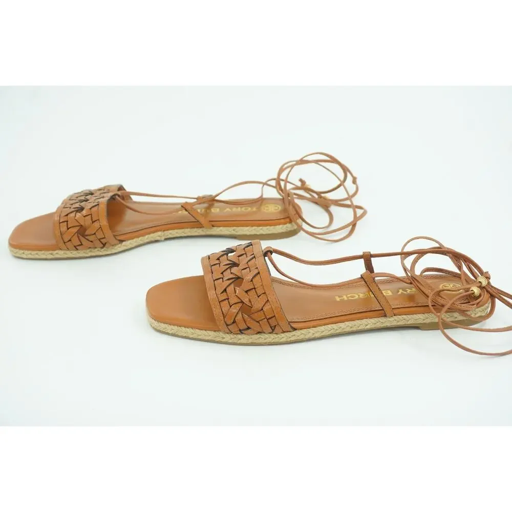 Tory Burch Basketweave Woven Ankle Wrap Espadrille Sandal Size 8 Tie Strap $245